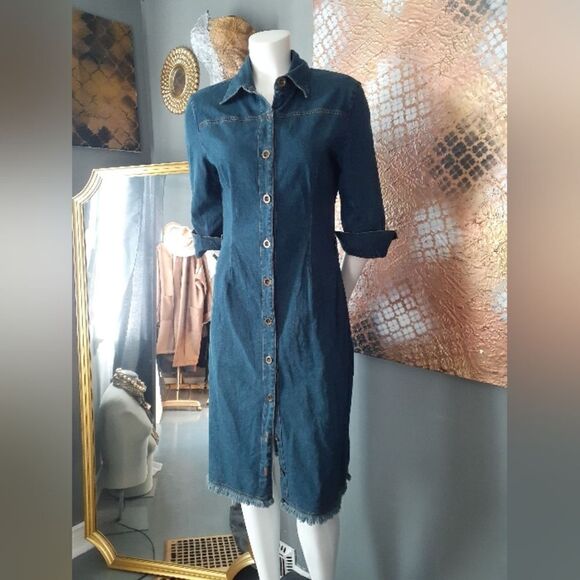 Vintage Stretch Cotton Dark Wash Denim Midi Dress - Picture 16 of 16